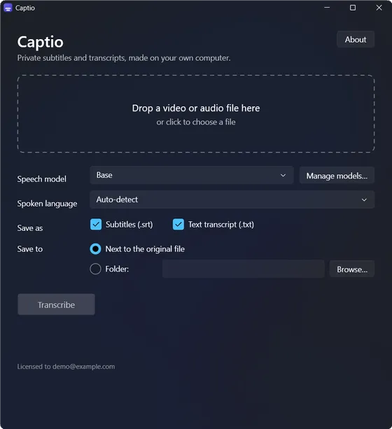 Captio main window with an empty drop zone