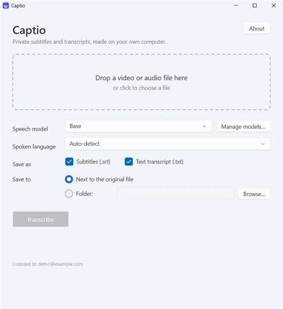 Captio main window with an empty drop zone