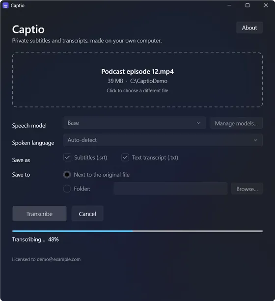 Captio transcribing a file with a progress bar