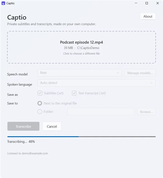 Captio transcribing a file with a progress bar