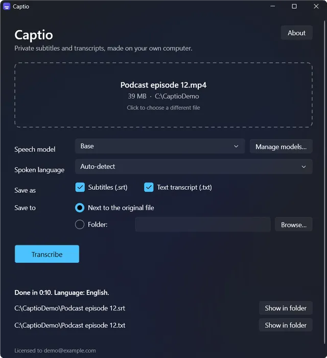 Captio main window after a finished transcription, listing the saved .srt and .txt files