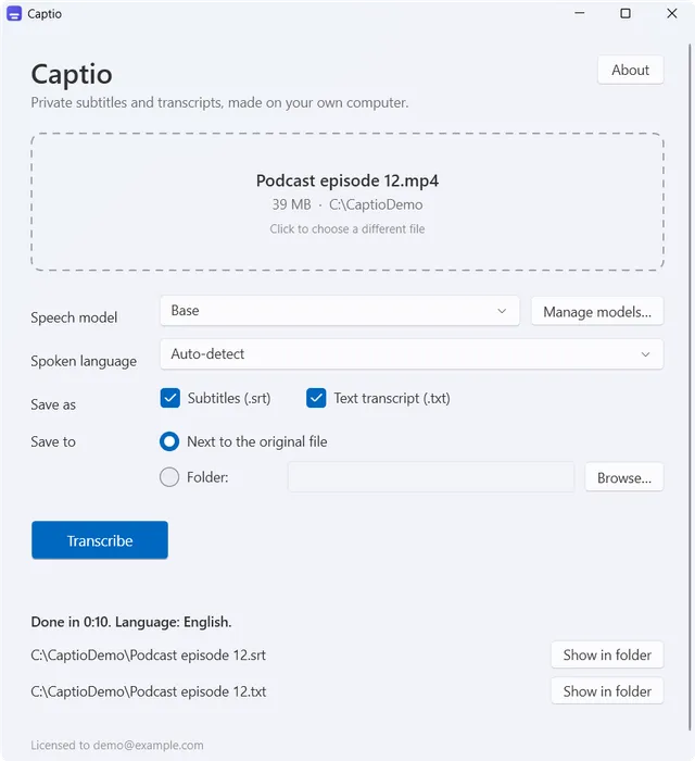 Captio main window after a finished transcription, listing the saved .srt and .txt files