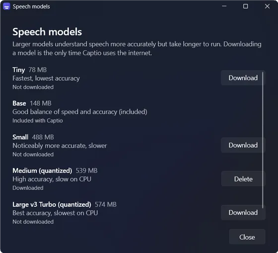The speech models window listing Tiny, Base, Small, Medium and Large v3 Turbo