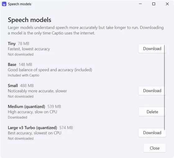 The speech models window listing Tiny, Base, Small, Medium and Large v3 Turbo