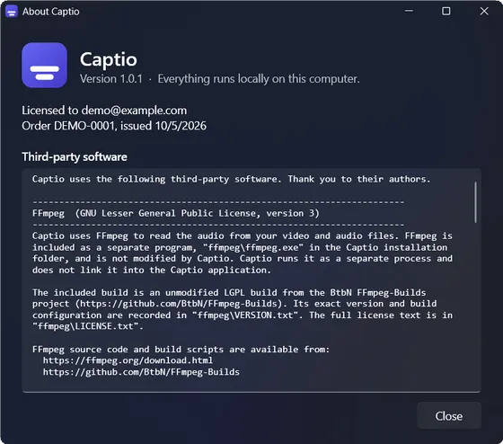 The About window with the third-party notices
