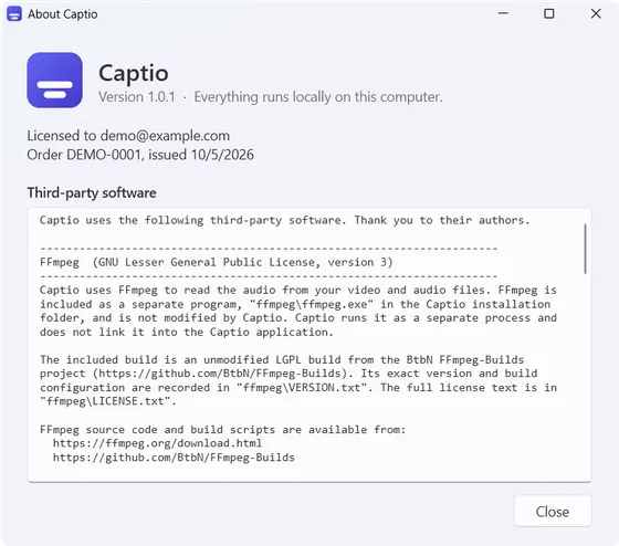 The About window with the third-party notices
